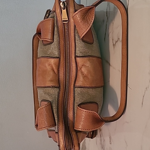 Fossil Vintage Revival Tan Leather Sage Canvas Top Handles Satchel Shoulder Bag - Picture 9 of 16